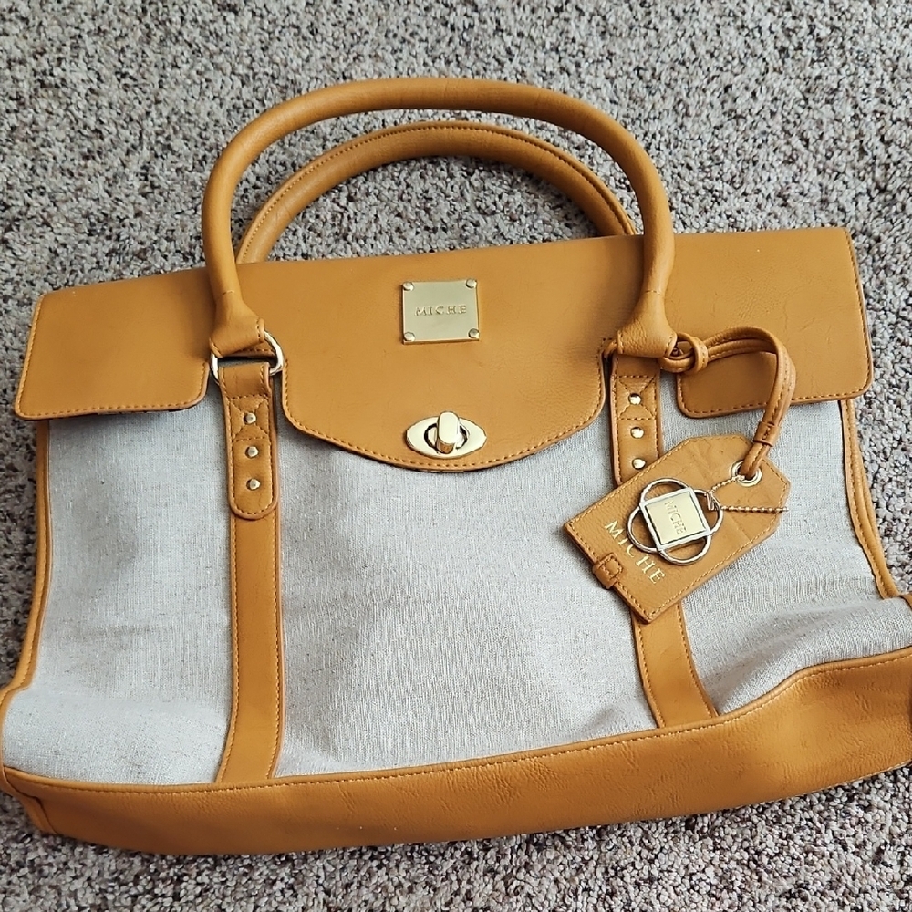 Miche Tan and Cream Satchel with Structured Design And Luggage Tag
